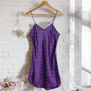 Vintage 80s Paisley Printed Silky V Neck Mini Strap Lingerie PJ Mini Slip Dress